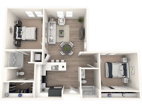 A 3D floor plan of a house showing a living room, kitchen, dining room, and bedrooms.